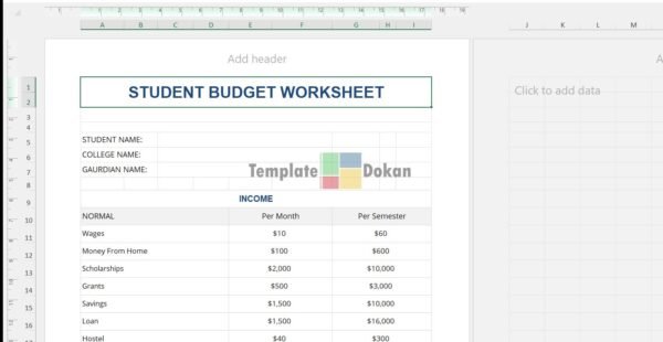 Student Budget Worksheet A4